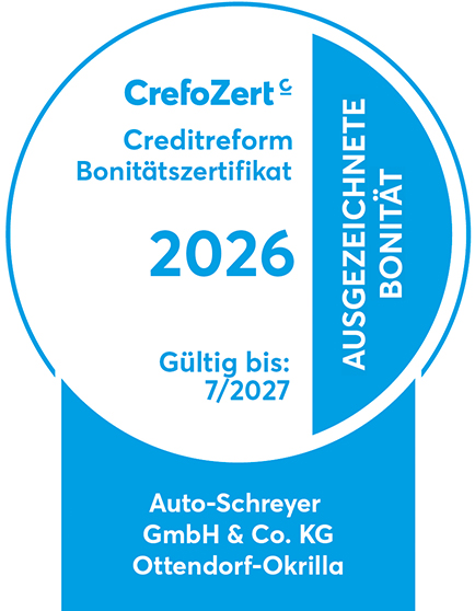 CrefoZert 2026: Ausgezeichnete Bonität bestätigt: Die Auto-Schreyer GmbH & Co. KG wurde von Creditreform mit dem CrefoZert 2026 ausgezeichnet. Das Bonitätszertifikat bestätigt unsere wirtschaftliche Stabilität, finanzielle Zuverlässigkeit und eine hohe Kreditwürdigkeit.